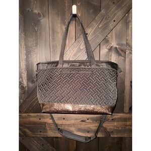 LUG Avion Brown Gold Glitter Large‎ Quilted Shoulder Tote Travel Bag NWOT